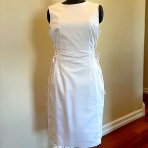 White Calvin Klein sheath dress with lace up side detail